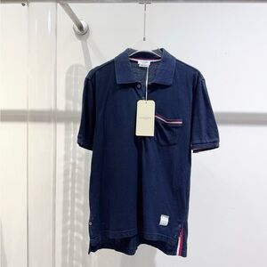 Authentic Thom Browne Dark Blue Polo Shirt with Striped Accents